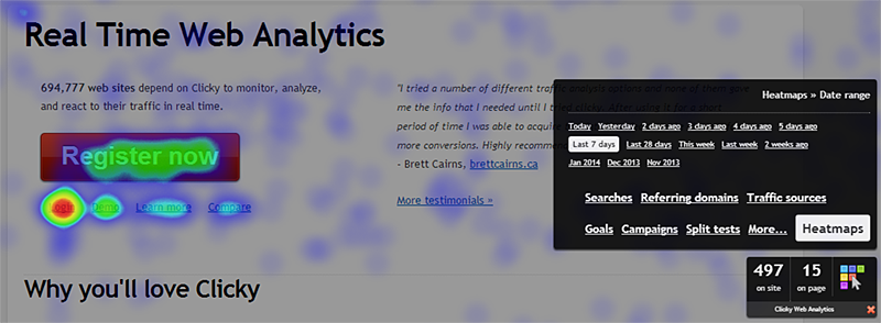 Эта функция обычно предлагается только аналитическими программами, специализирующимися на информации о тепловых картах, такими как   Сумасшедшее яйцо   , установив Clicky отдельно от его   крупнейшие конкуренты   ,
