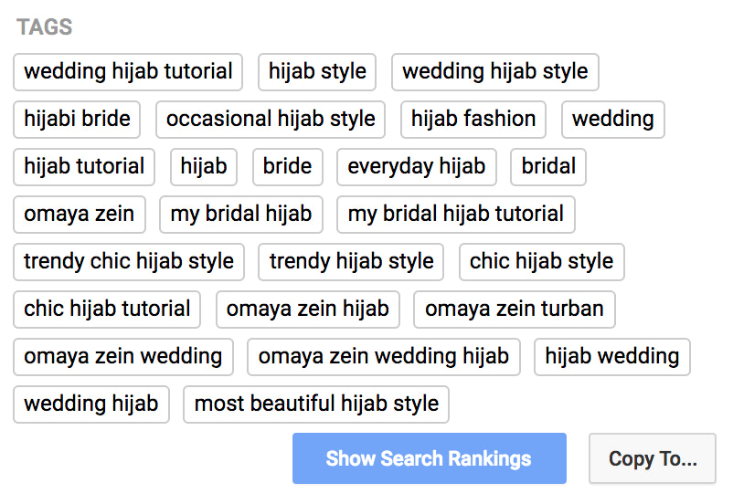 Вы можете увидеть теги в видео с самым высоким рейтингом для «урока свадебного хиджаба» на боковой стороне видео, когда у вас установлен TubeBuddy