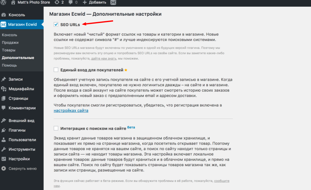 В панелі управління WordPress перейдіть у вкладку «Магазин Ecwid» → «Додаткові» і відзначте галочкою «SEO URLs»