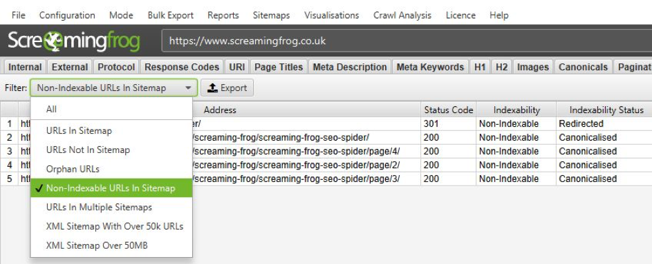 Teraz możesz również umieścić lokalizację mapy witryny XML w pasku adresu u góry, a SEO Spider będzie również indeksował ją bezpośrednio (zamiast przełączać się do trybu listy)