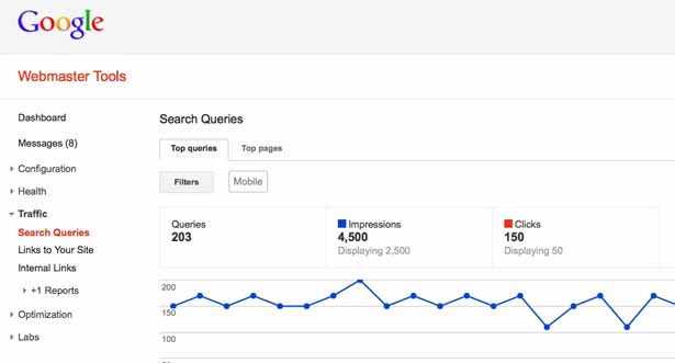 Отримати точні дані про найпопулярніші запити і сторінках сайту, що потрапляють в мобільну видачу Google, можна за допомогою   Інструментів для веб-майстрів   в опції Трафік> Пошукові запити (Traffic> Search Queries), вибравши там фільтр Пошук: Мобільний (Search: Mobile)